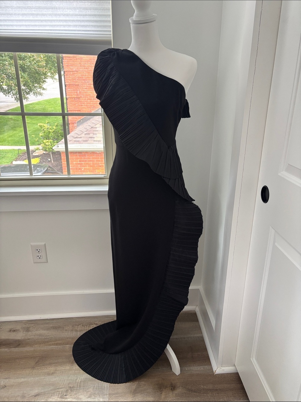 Asymmetric One-Shoulder Black Ruffle Gown